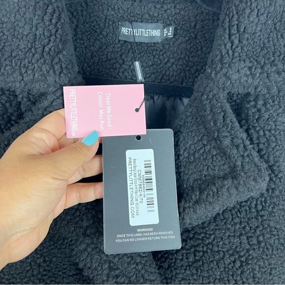 🩷 Prettylittlething, Women’s Black Borg Lapel Drop Arm Midi Coat. Size:4(US).NWT - Picture 6 of 12